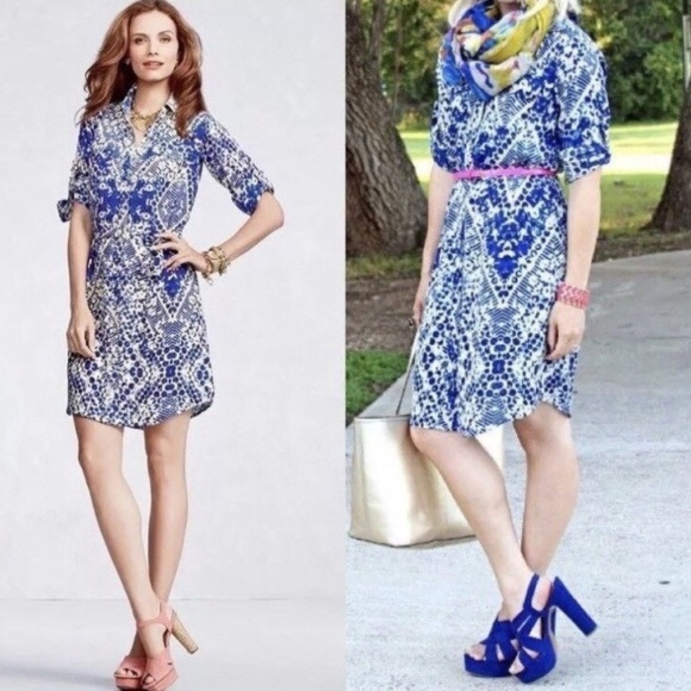 Cabi Blue Beige Jewel Geometric Print Shirt Dress